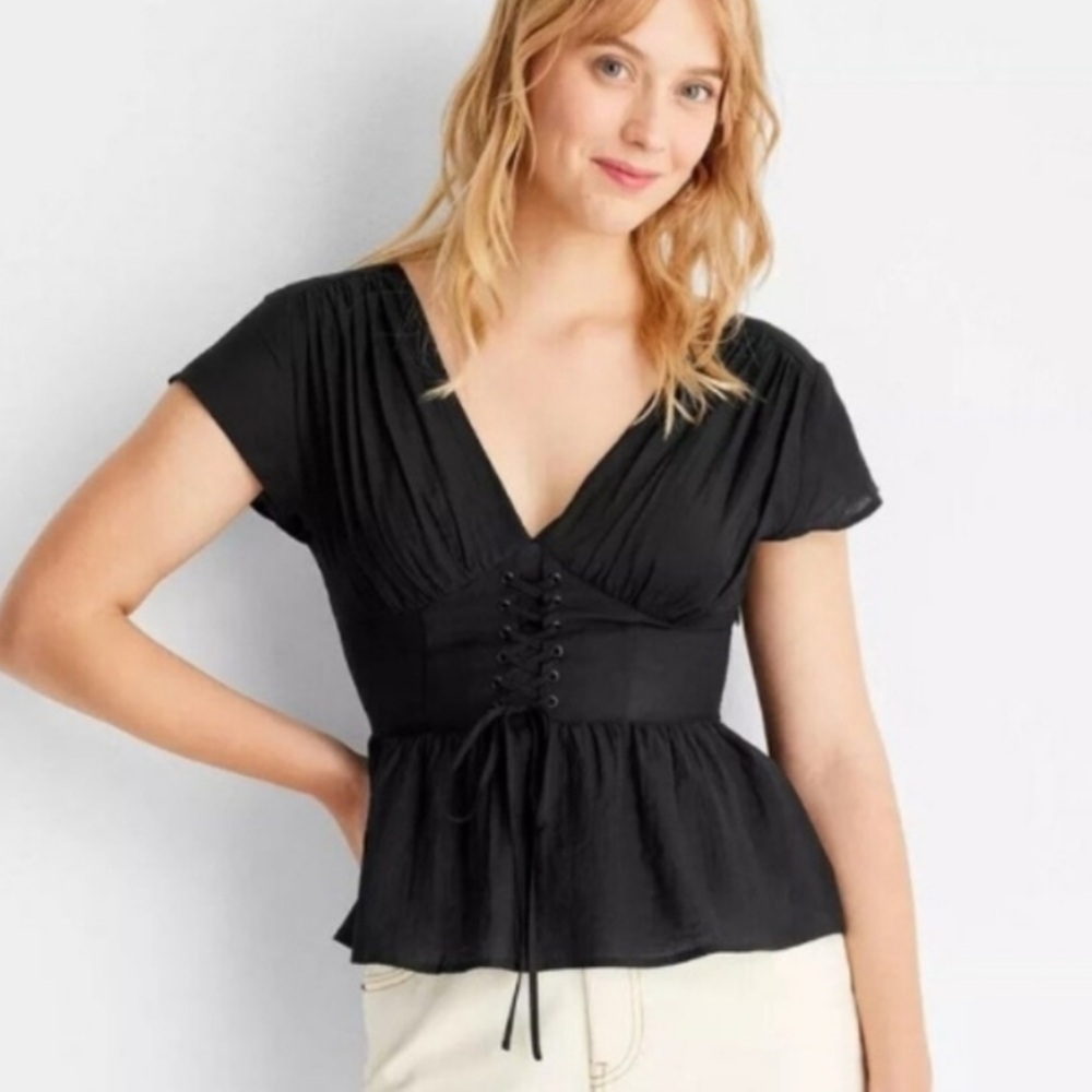 Black V-Neck Lace-Up Peplum Blouse - Light 100% cotton fabric Future Collective